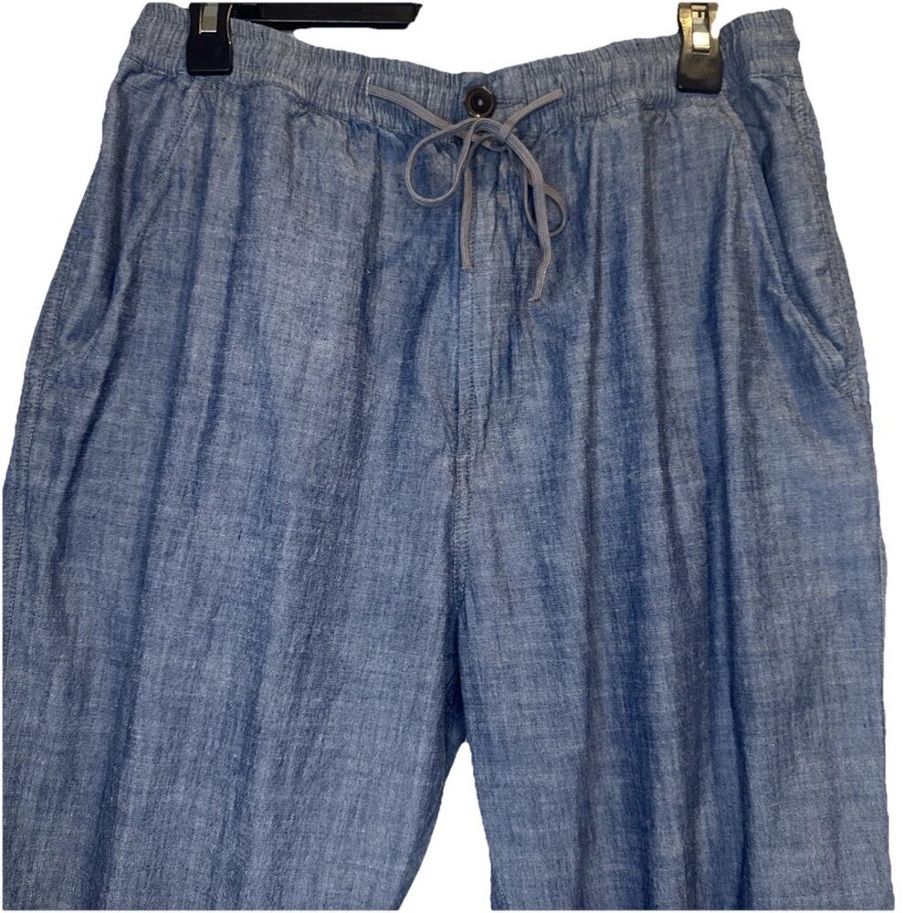 Universal Works Hi Water Indigo Chambray Crop Trouser Pant Elastic Waist Sz 32 - Picture 2 of 11